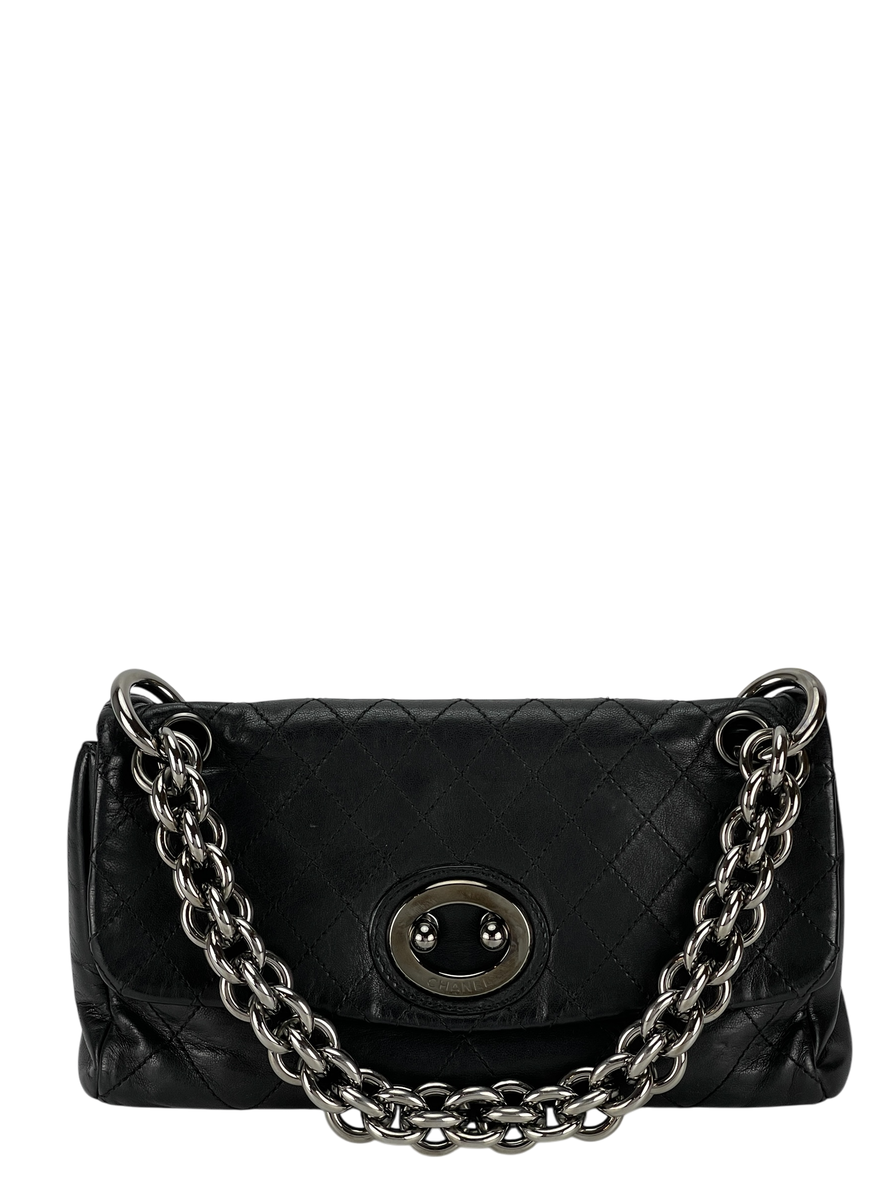CHANEL - Black Lambskin Matelasse Chain Shoulder Bag Silver Hardware