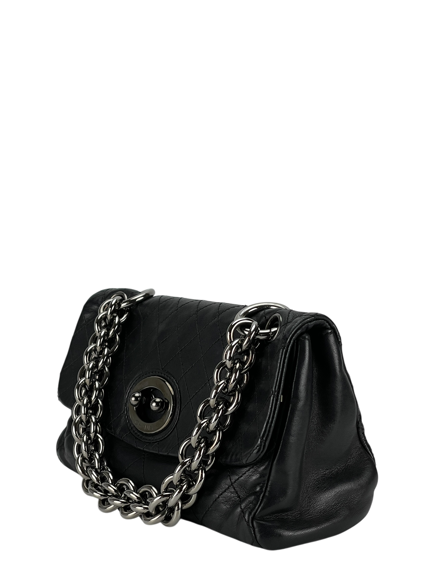 CHANEL - Black Lambskin Matelasse Chain Shoulder Bag Silver Hardware