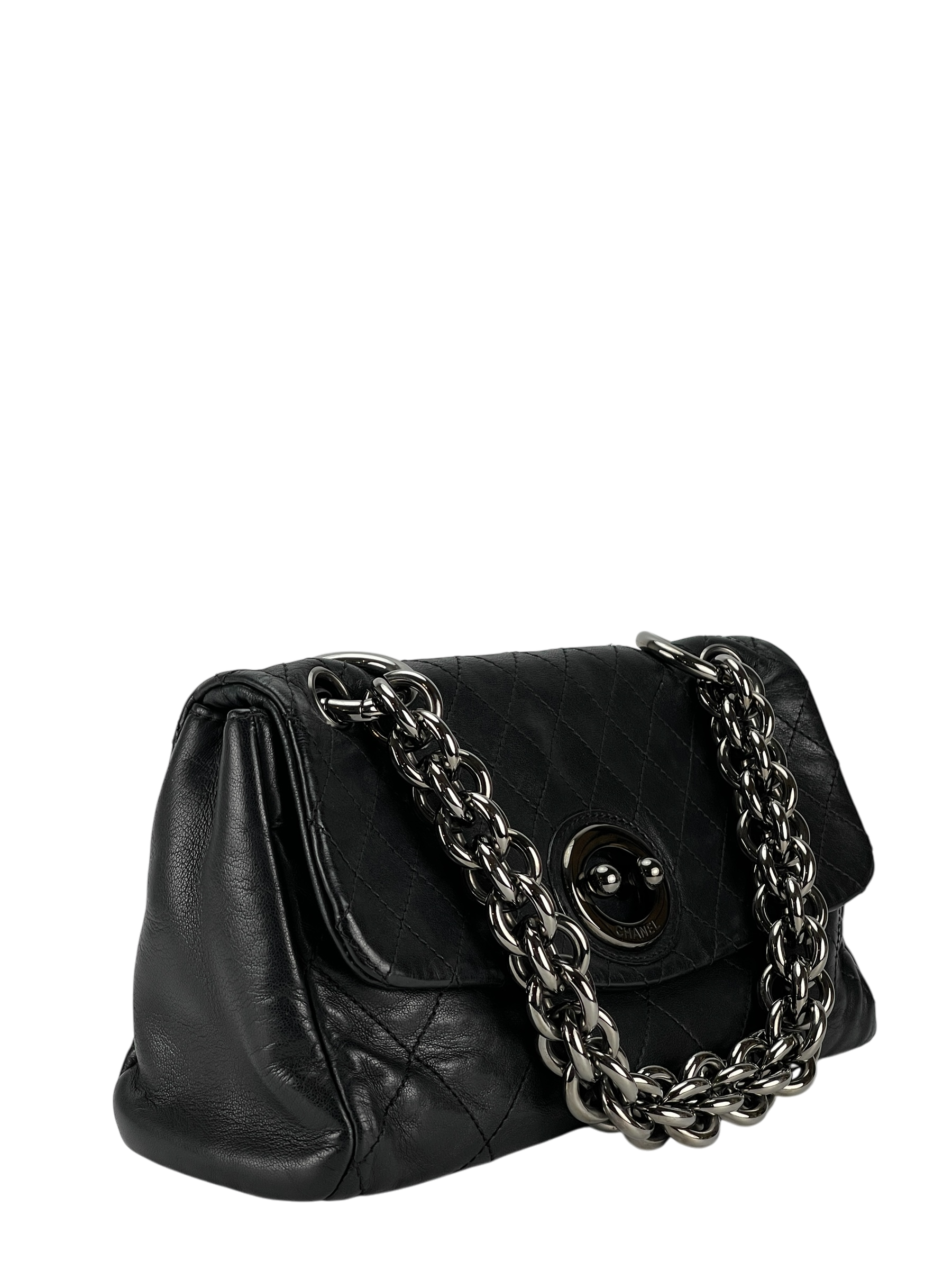CHANEL - Black Lambskin Matelasse Chain Shoulder Bag Silver Hardware