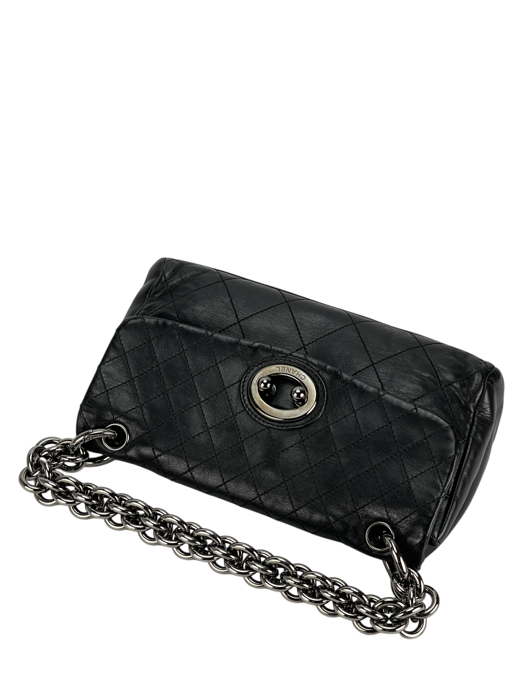 CHANEL - Black Lambskin Matelasse Chain Shoulder Bag Silver Hardware