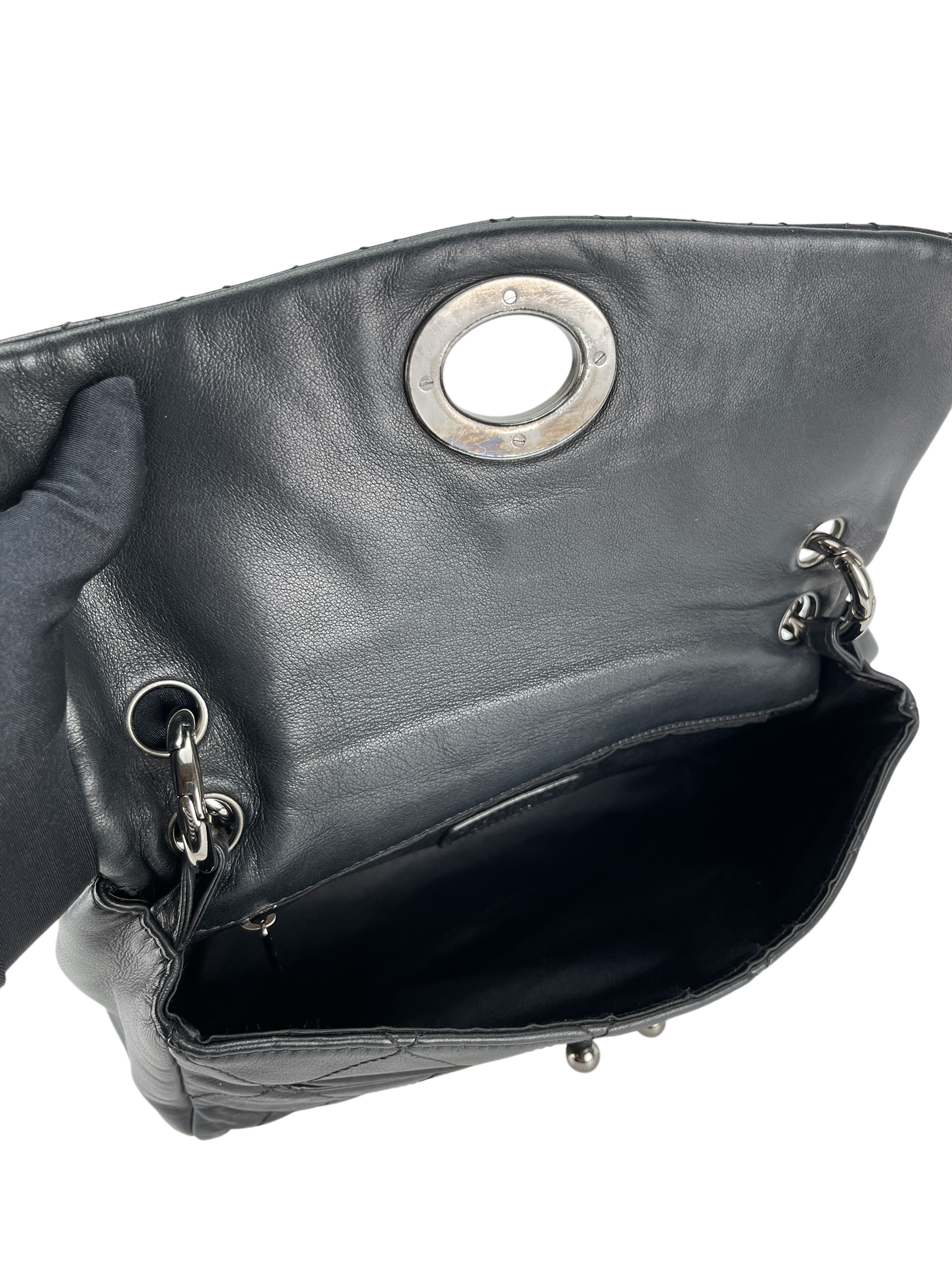 CHANEL - Black Lambskin Matelasse Chain Shoulder Bag Silver Hardware