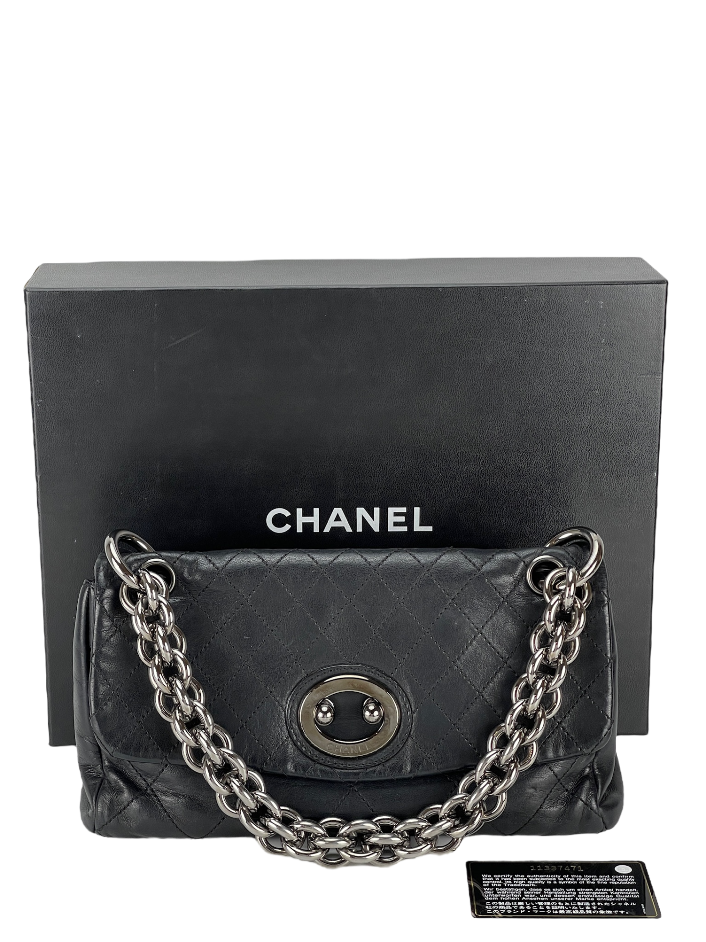 CHANEL - Black Lambskin Matelasse Chain Shoulder Bag Silver Hardware