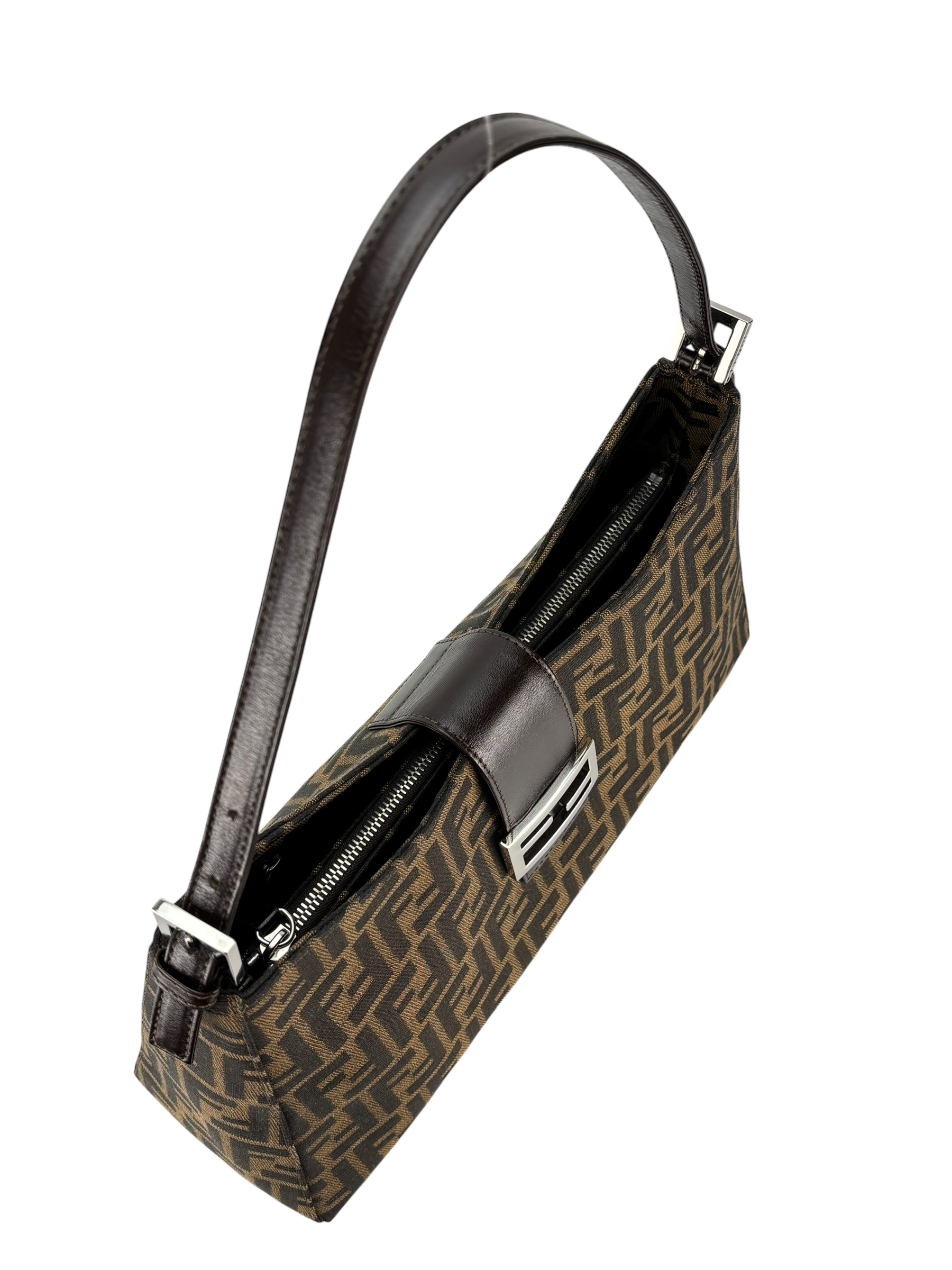 FENDI - Brown Zucca Canvas Leather Shoulder Bag 