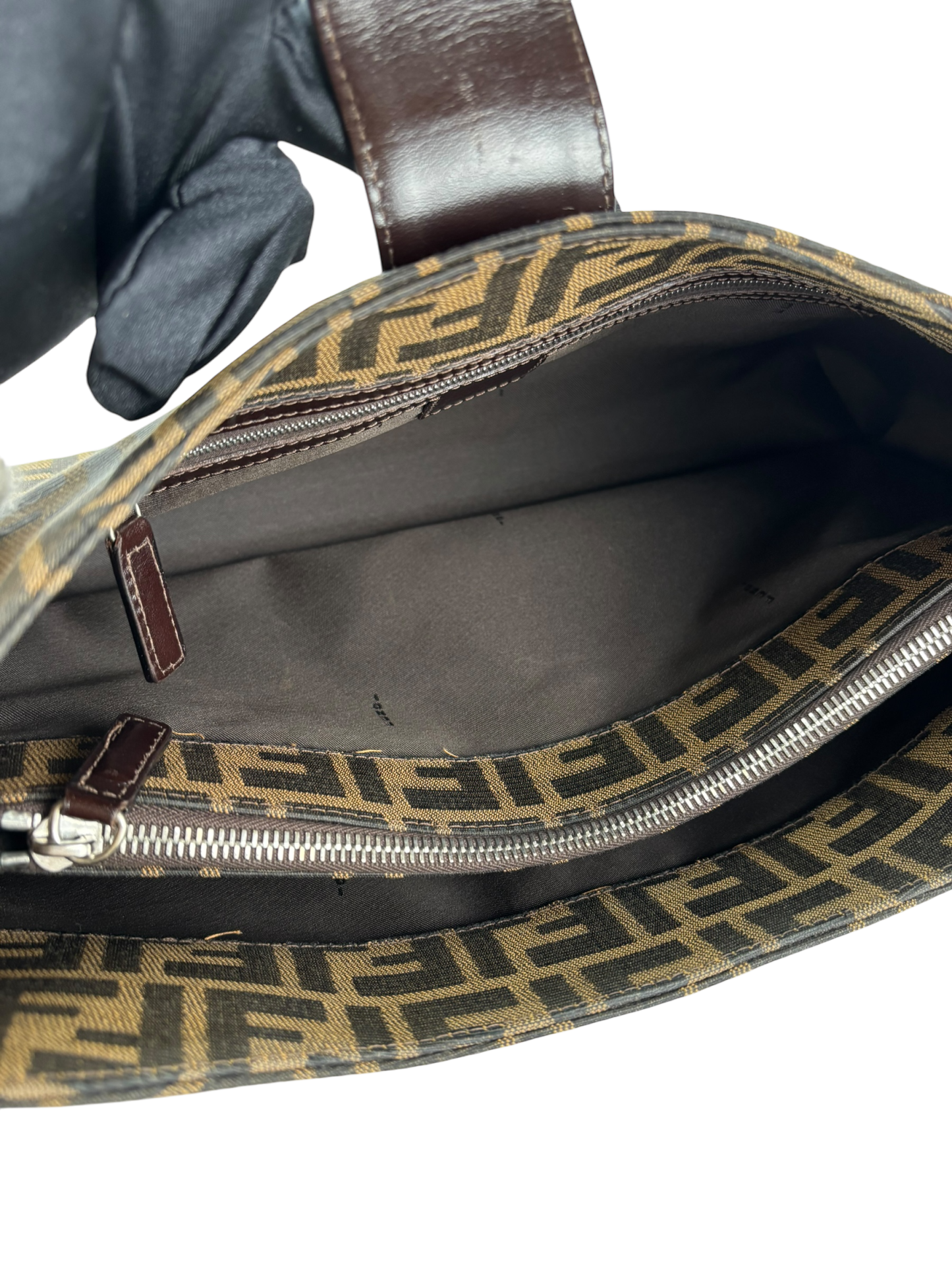 FENDI - Brown Zucca Canvas Leather Shoulder Bag 