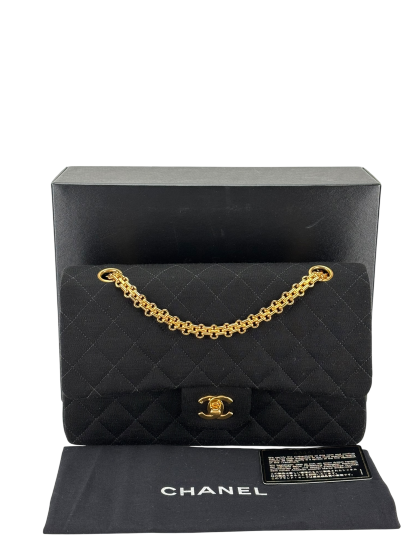 CHANEL - Black Canvas Jersey Double Flap Bag