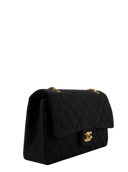 CHANEL - Black Canvas Jersey Double Flap Bag