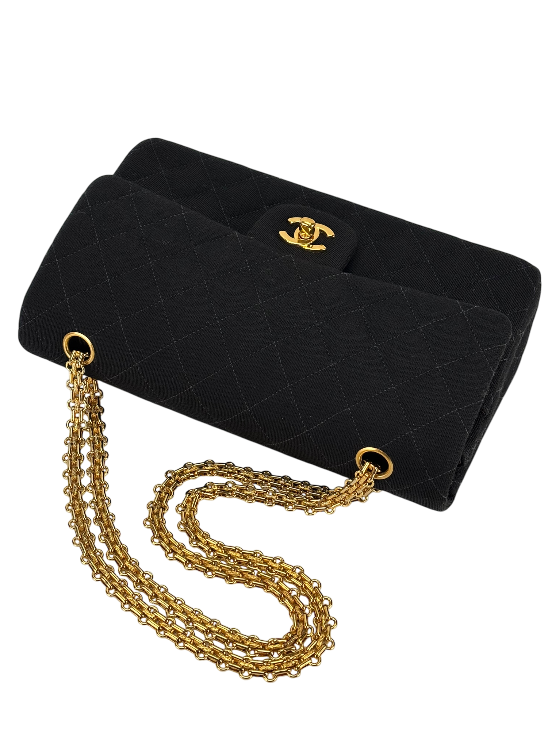 CHANEL - Black Canvas Jersey Double Flap Bag