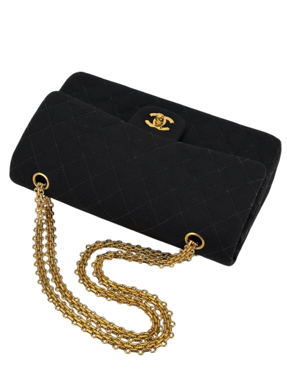 CHANEL - Black Canvas Jersey Double Flap Bag