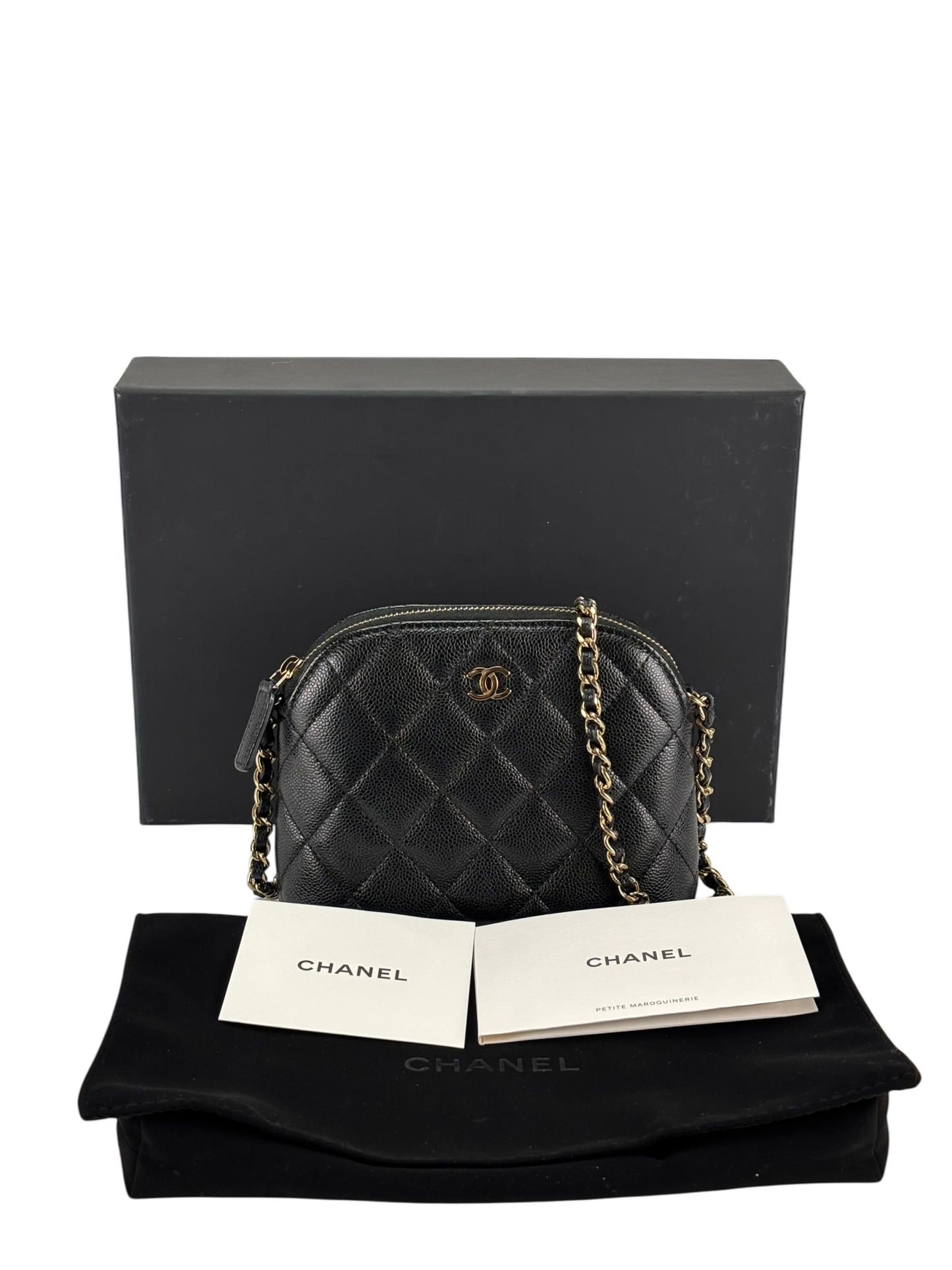 CHANEL - Black Caviar Quilted Bag with Chain Pale Gold Hardware
