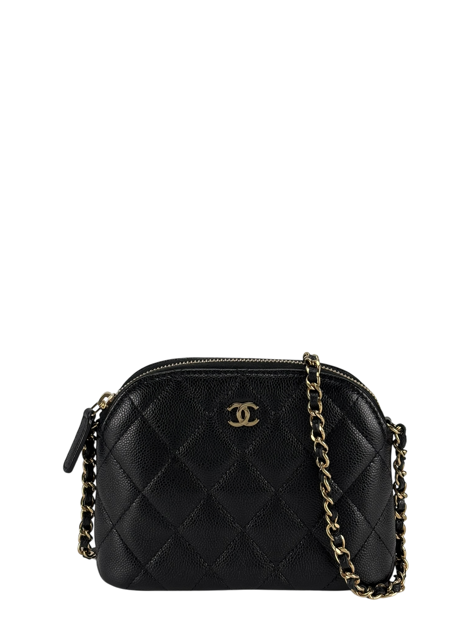 CHANEL - Black Caviar Quilted Bag with Chain Pale Gold Hardware