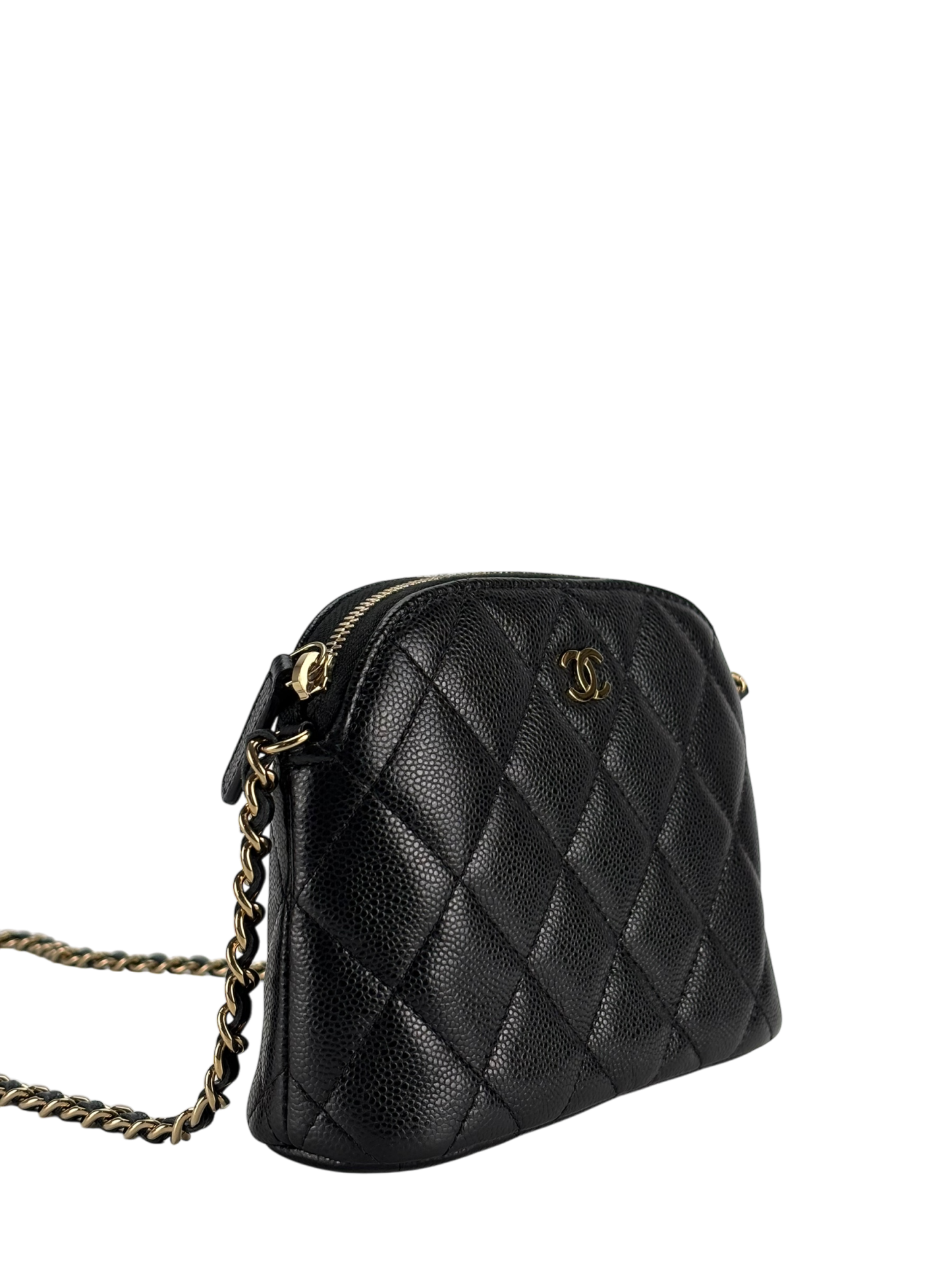 CHANEL - Black Caviar Quilted Bag with Chain Pale Gold Hardware