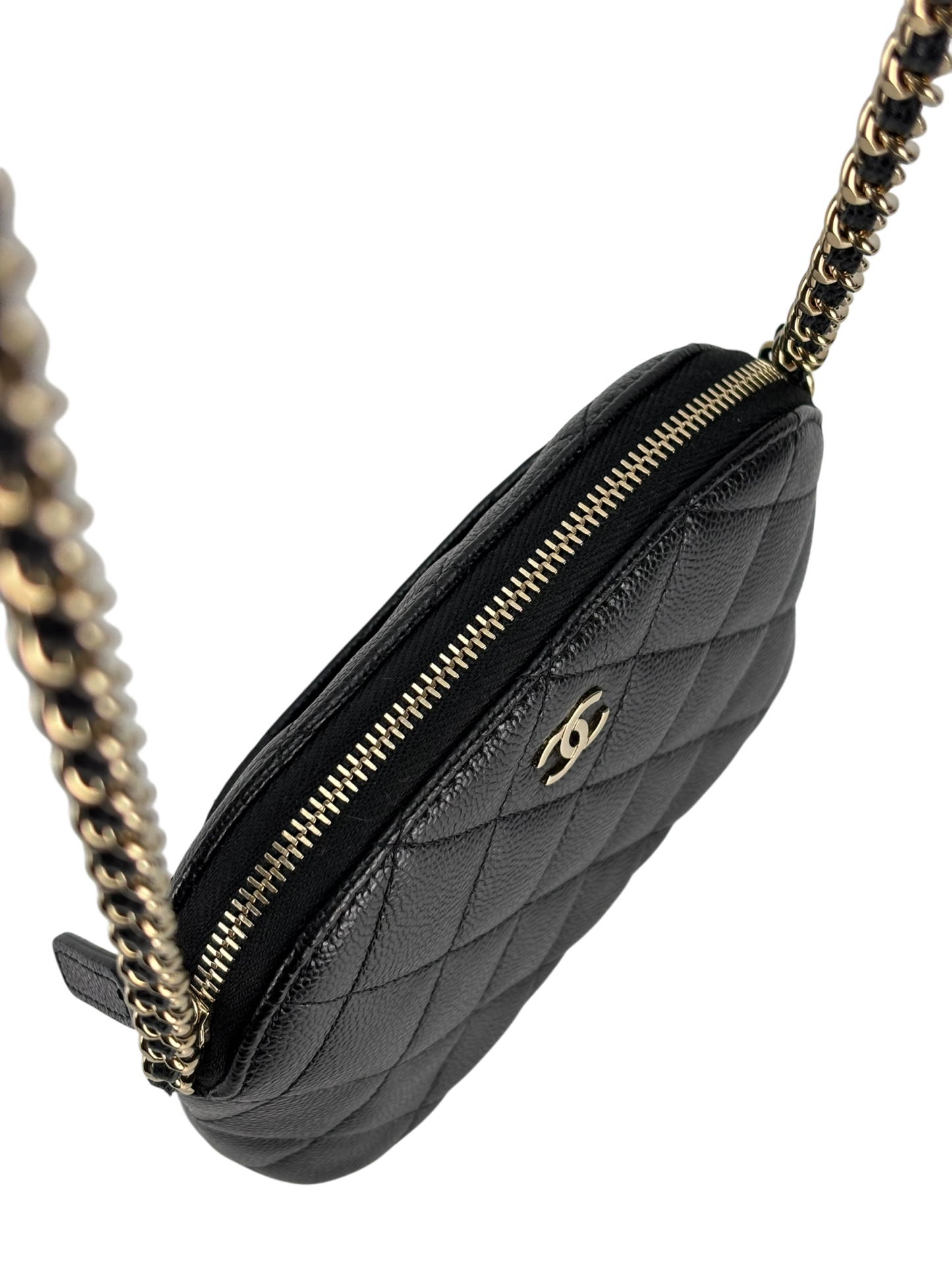 CHANEL - Black Caviar Quilted Bag with Chain Pale Gold Hardware