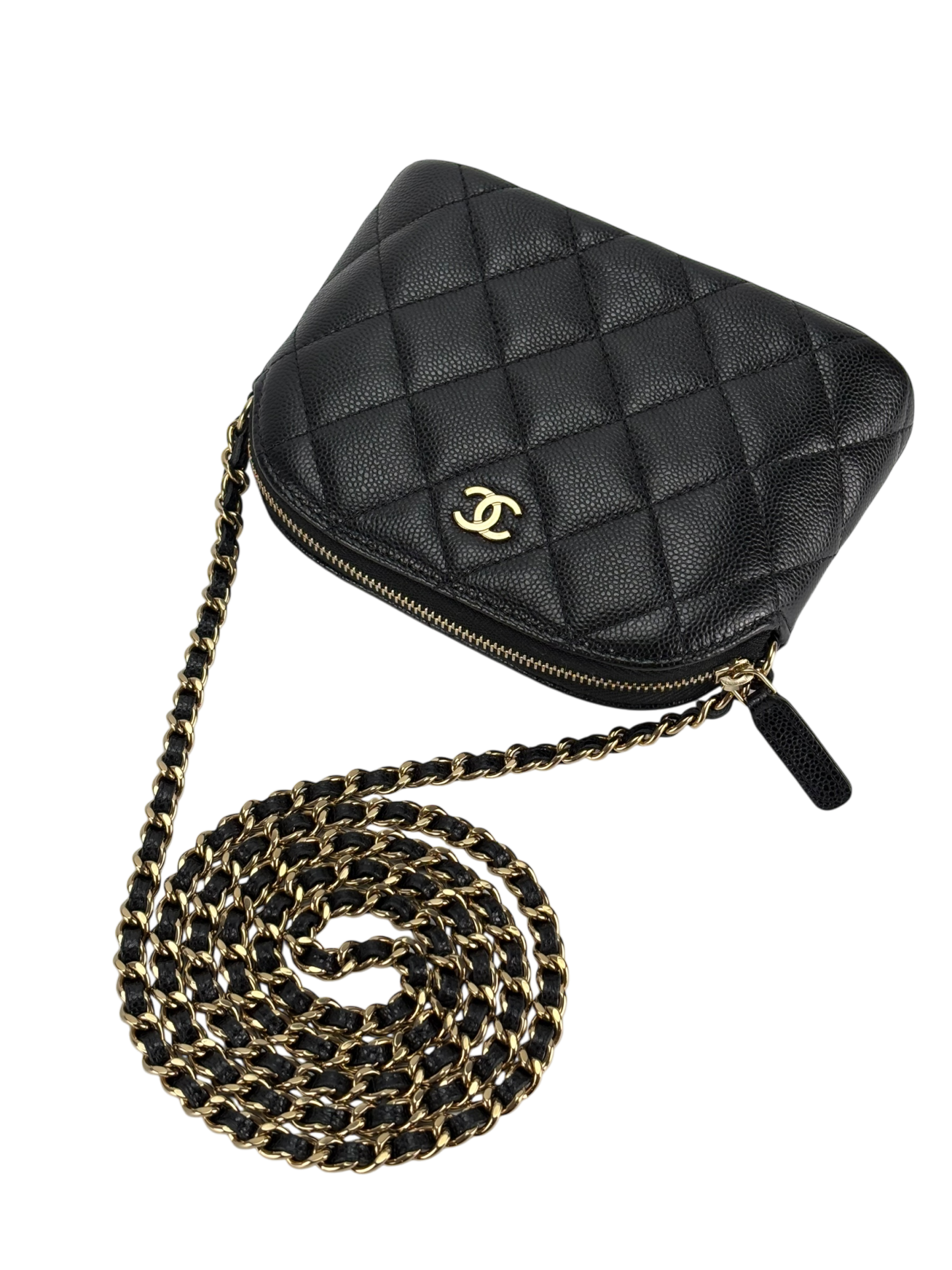 CHANEL - Black Caviar Quilted Bag with Chain Pale Gold Hardware