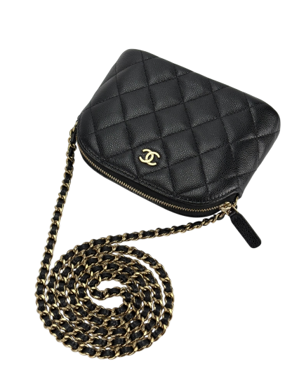 CHANEL - Black Caviar Quilted Bag with Chain Pale Gold Hardware