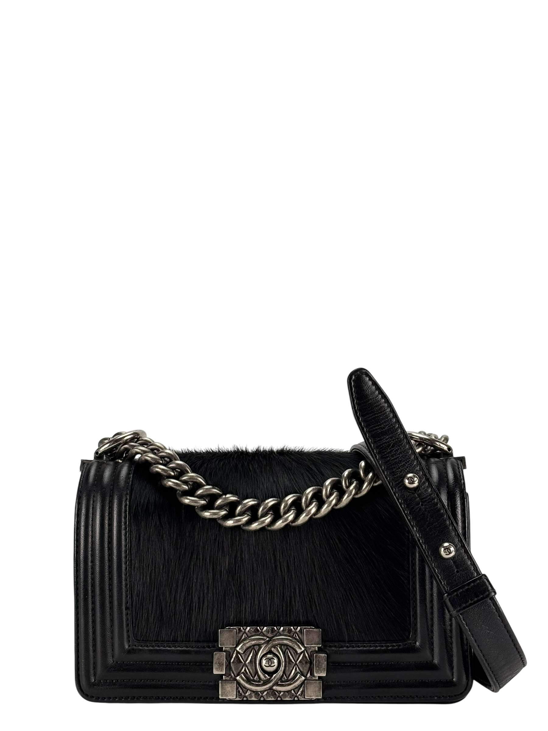 CHANEL -  Mini Boy Flap Bag Black Pony Hair Sliver Metal 