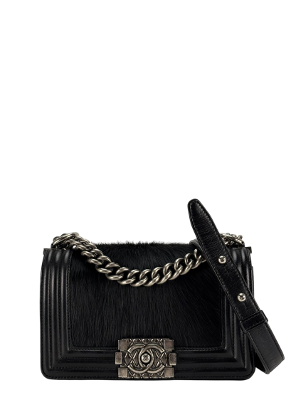 CHANEL -  Mini Boy Flap Bag Black Pony Hair Sliver Metal 