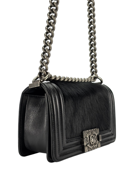 CHANEL -  Mini Boy Flap Bag Black Pony Hair Sliver Metal 