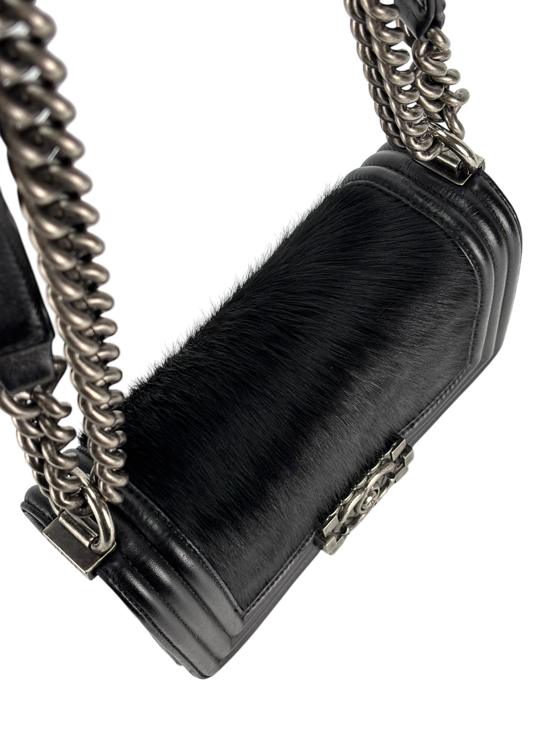 CHANEL -  Mini Boy Flap Bag Black Pony Hair Sliver Metal 