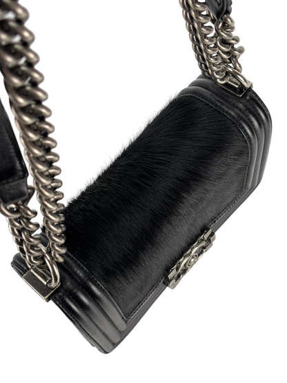 CHANEL -  Mini Boy Flap Bag Black Pony Hair Sliver Metal 