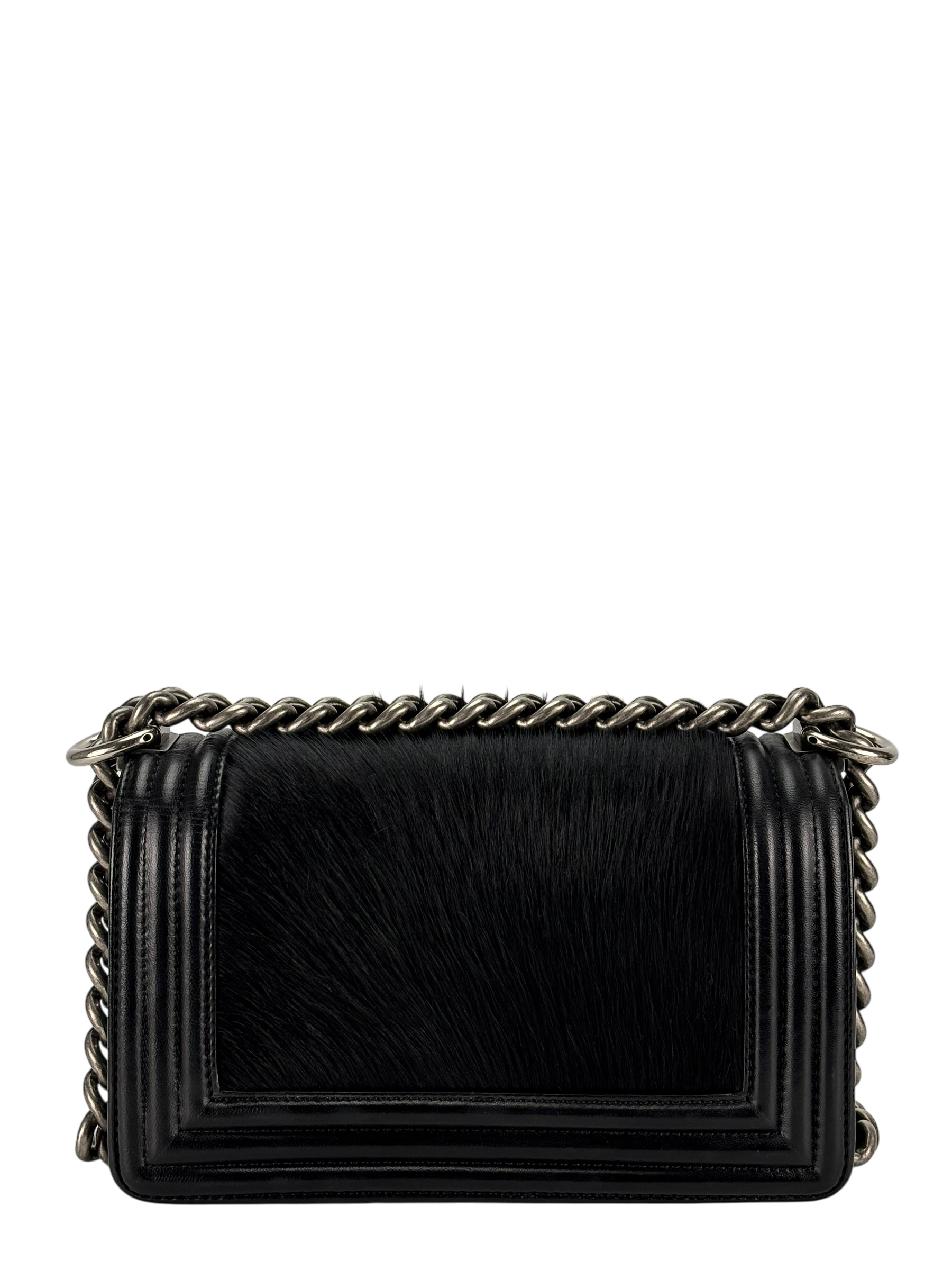 CHANEL -  Mini Boy Flap Bag Black Pony Hair Sliver Metal 