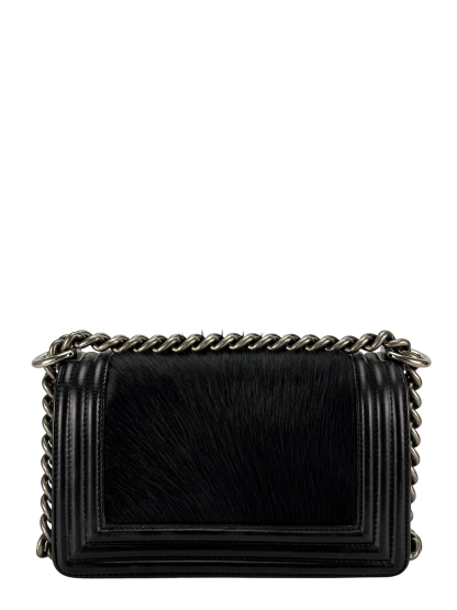 CHANEL -  Mini Boy Flap Bag Black Pony Hair Sliver Metal 