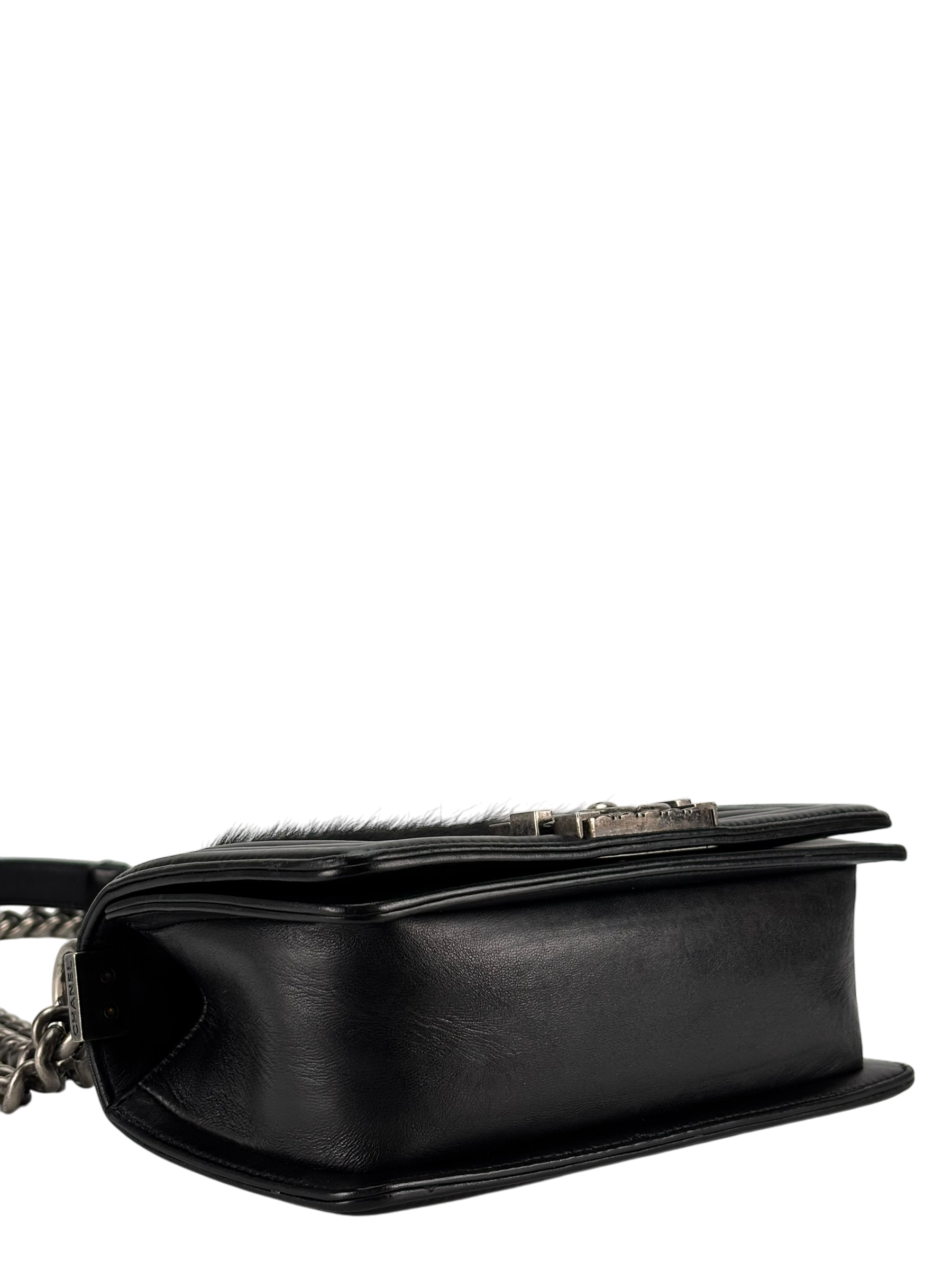 CHANEL -  Mini Boy Flap Bag Black Pony Hair Sliver Metal 