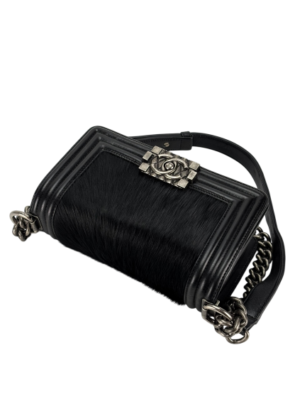 CHANEL -  Mini Boy Flap Bag Black Pony Hair Sliver Metal 