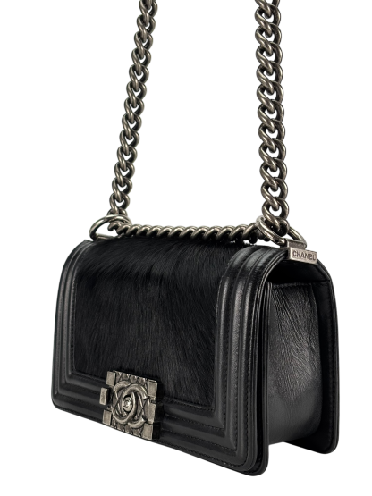 CHANEL -  Mini Boy Flap Bag Black Pony Hair Sliver Metal 