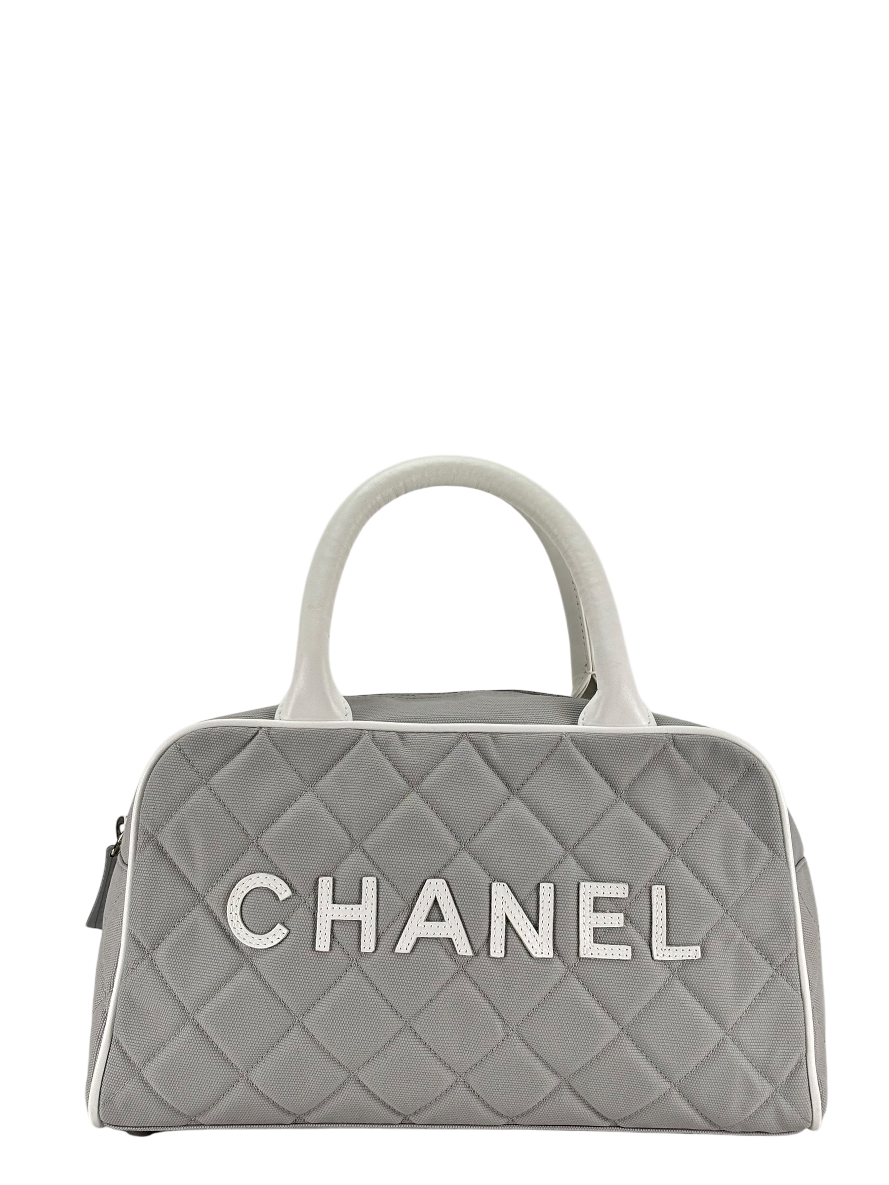CHANEL - Grey White logo Canvas Bowling Hand Bag