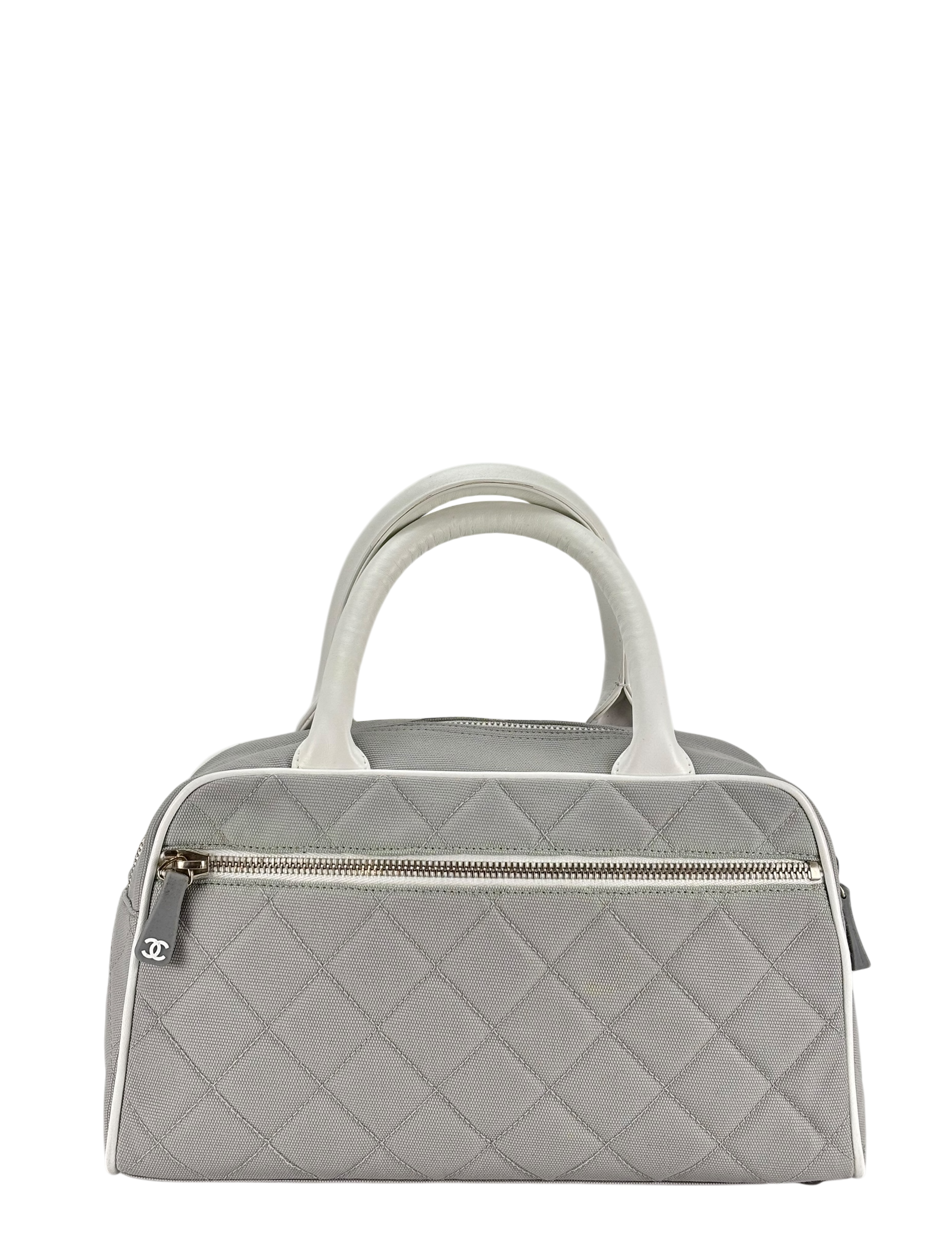 CHANEL - Grey White logo Canvas Bowling Hand Bag