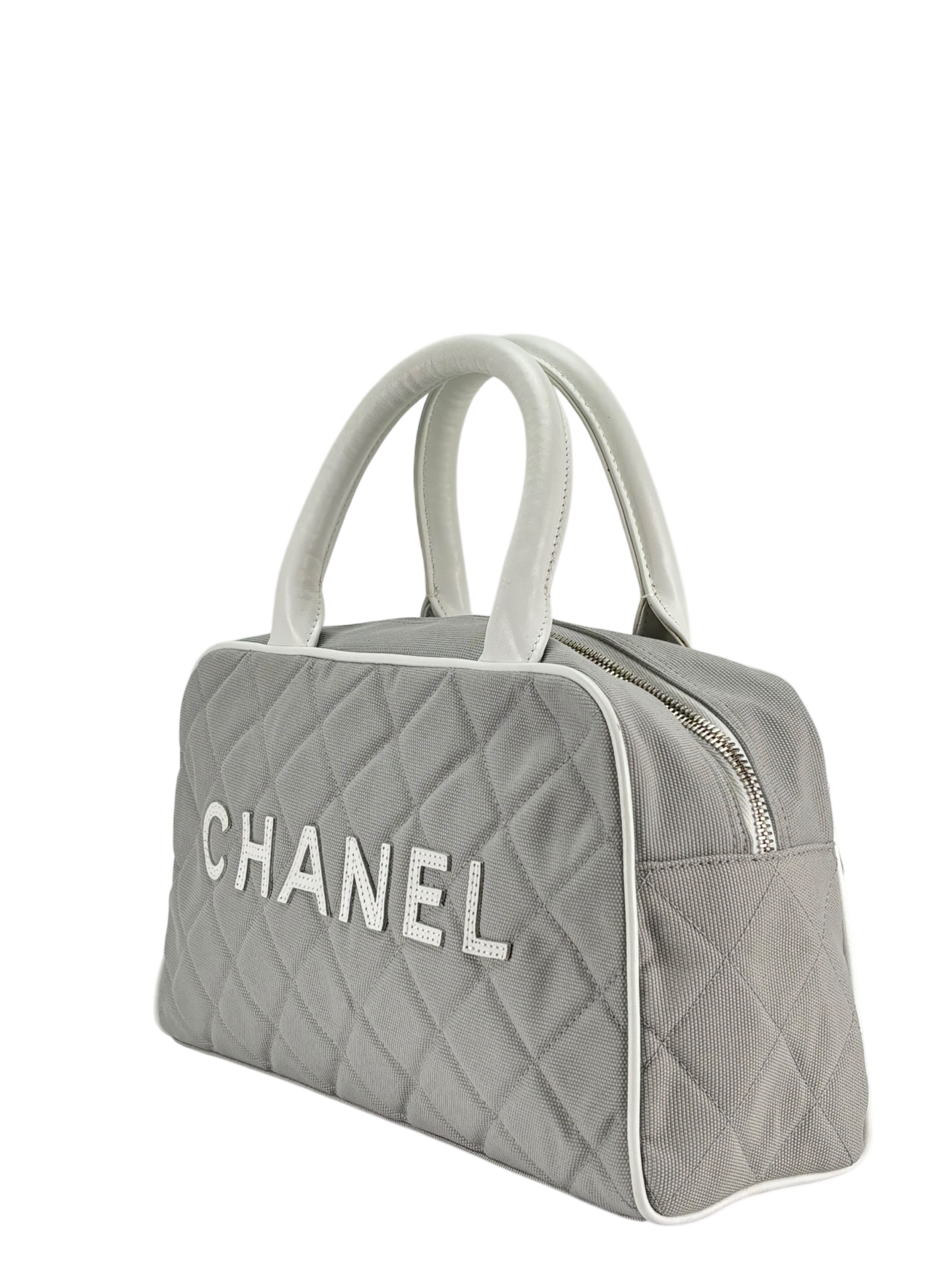 CHANEL - Grey White logo Canvas Bowling Hand Bag