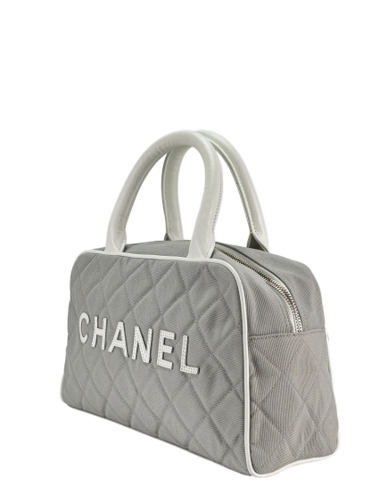 CHANEL - Grey White logo Canvas Bowling Hand Bag