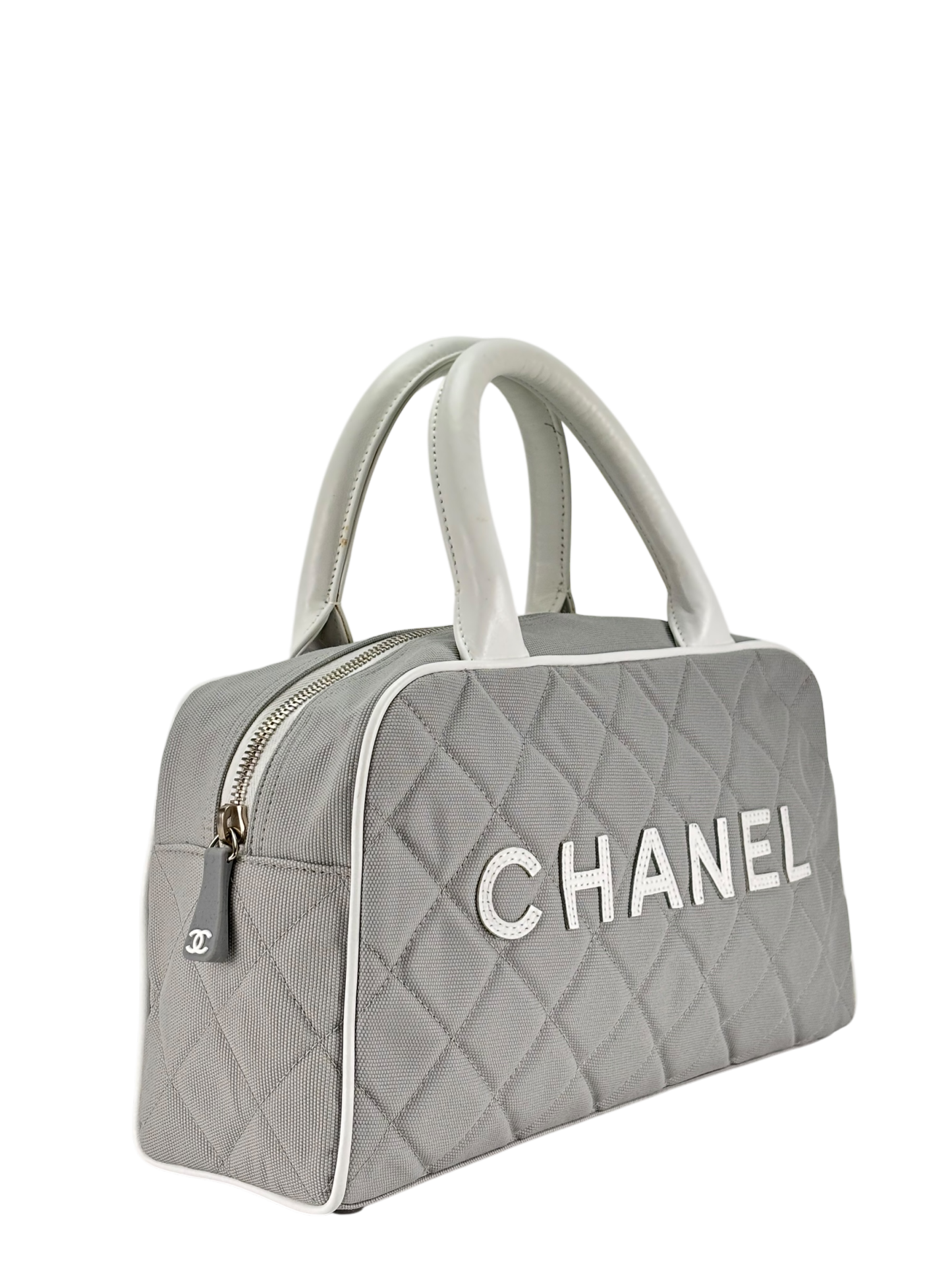 CHANEL - Grey White logo Canvas Bowling Hand Bag