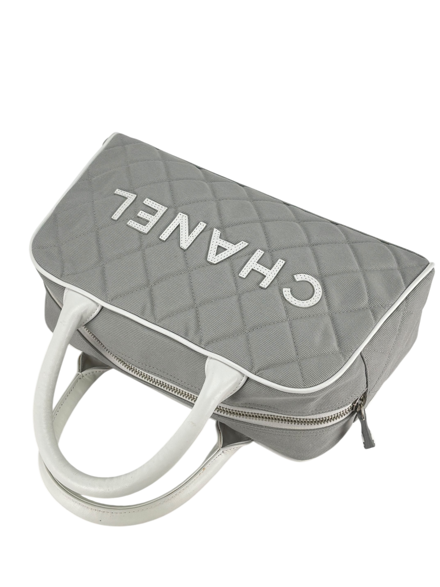 CHANEL - Grey White logo Canvas Bowling Hand Bag