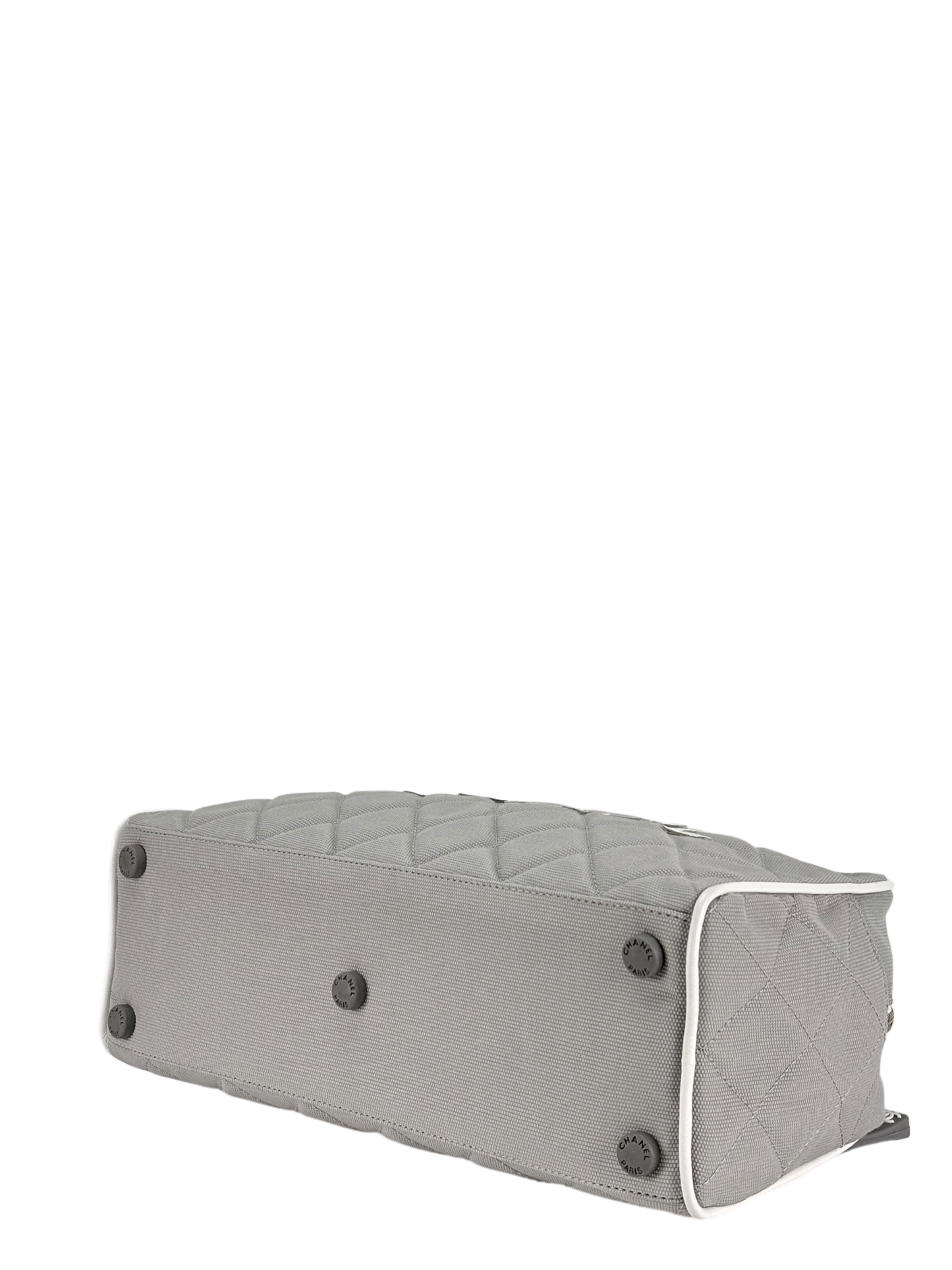 CHANEL - Grey White logo Canvas Bowling Hand Bag