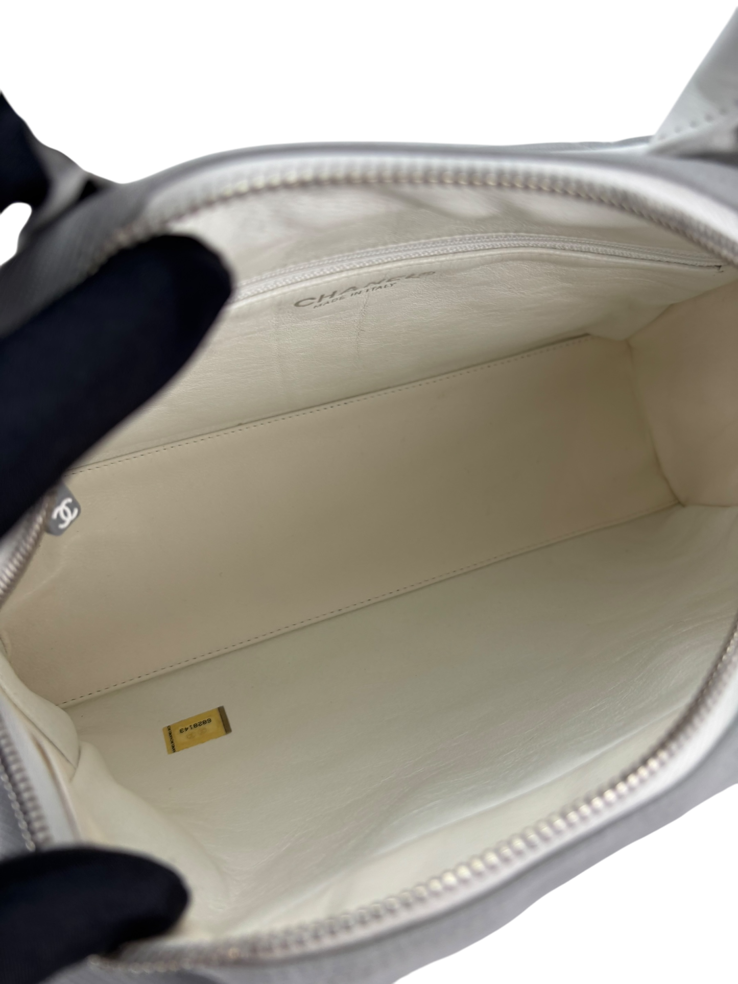 CHANEL - Grey White logo Canvas Bowling Hand Bag