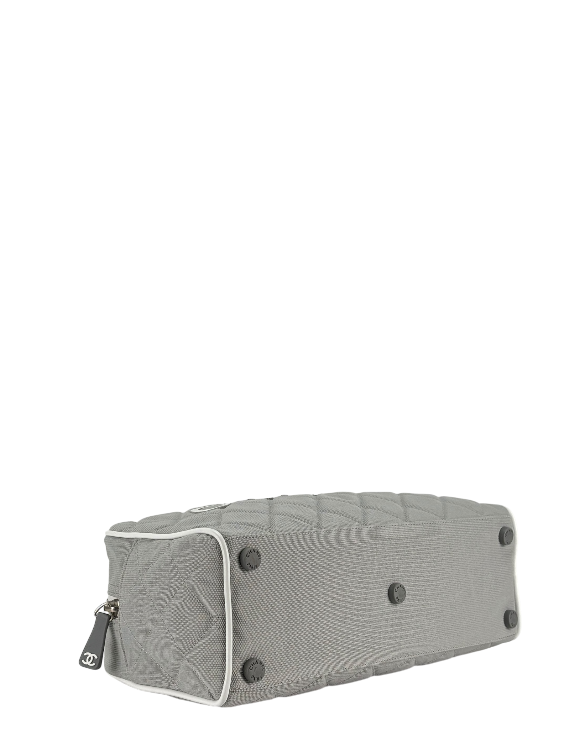 CHANEL - Grey White logo Canvas Bowling Hand Bag