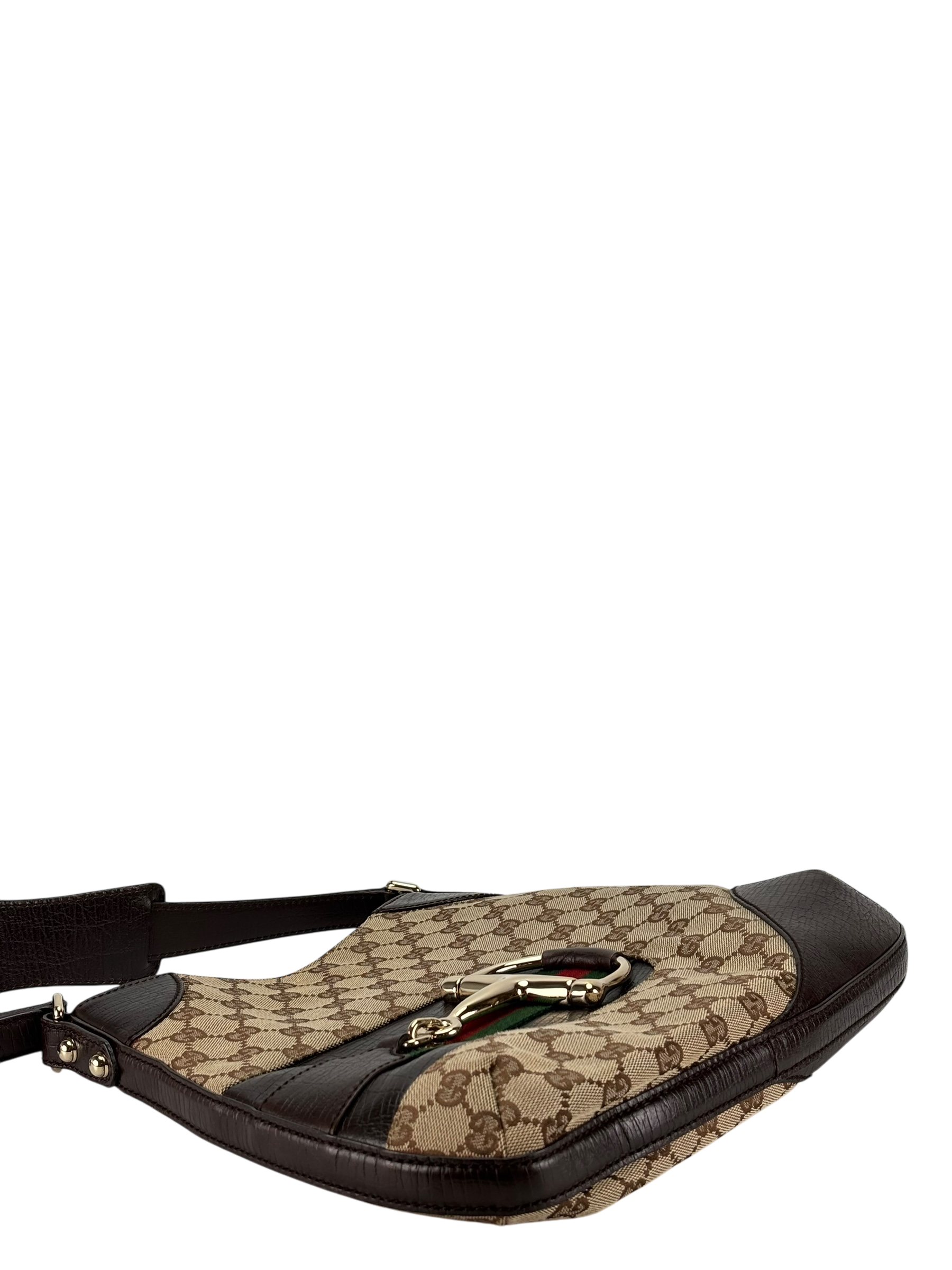 GUCCI - Brown Leather Canvas GG Pattern Horsebit One Shoulder Bag