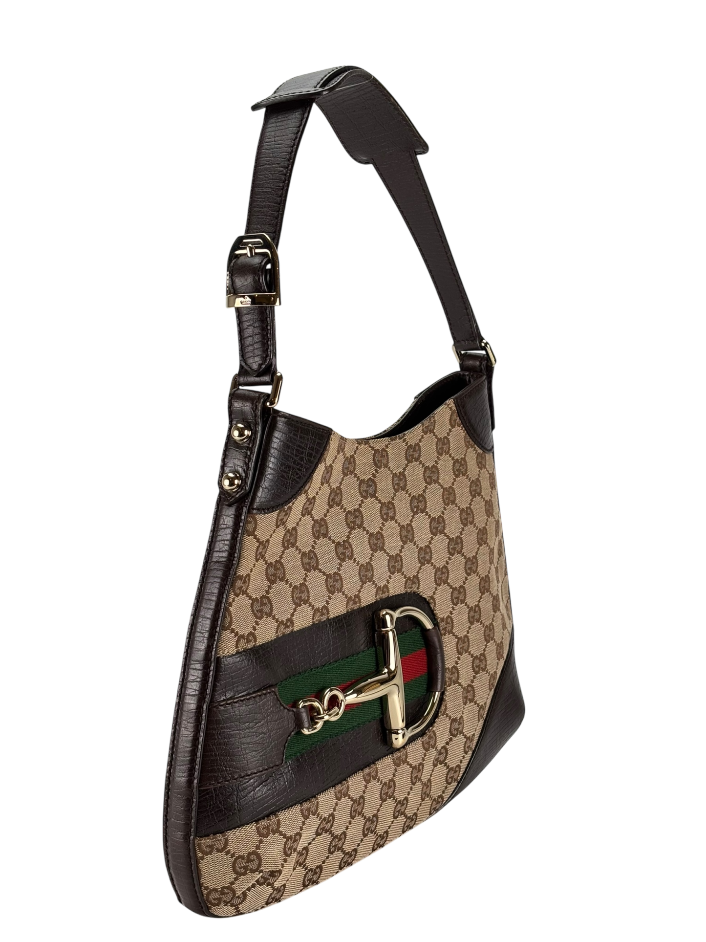 GUCCI - Brown Leather Canvas GG Pattern Horsebit One Shoulder Bag