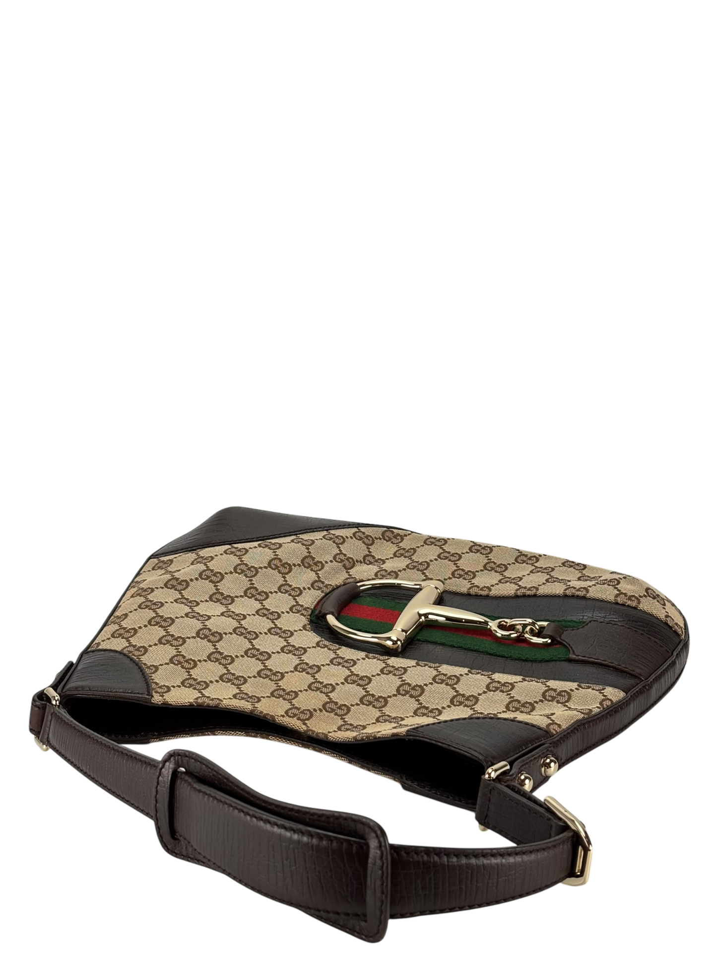 GUCCI - Brown Leather Canvas GG Pattern Horsebit One Shoulder Bag