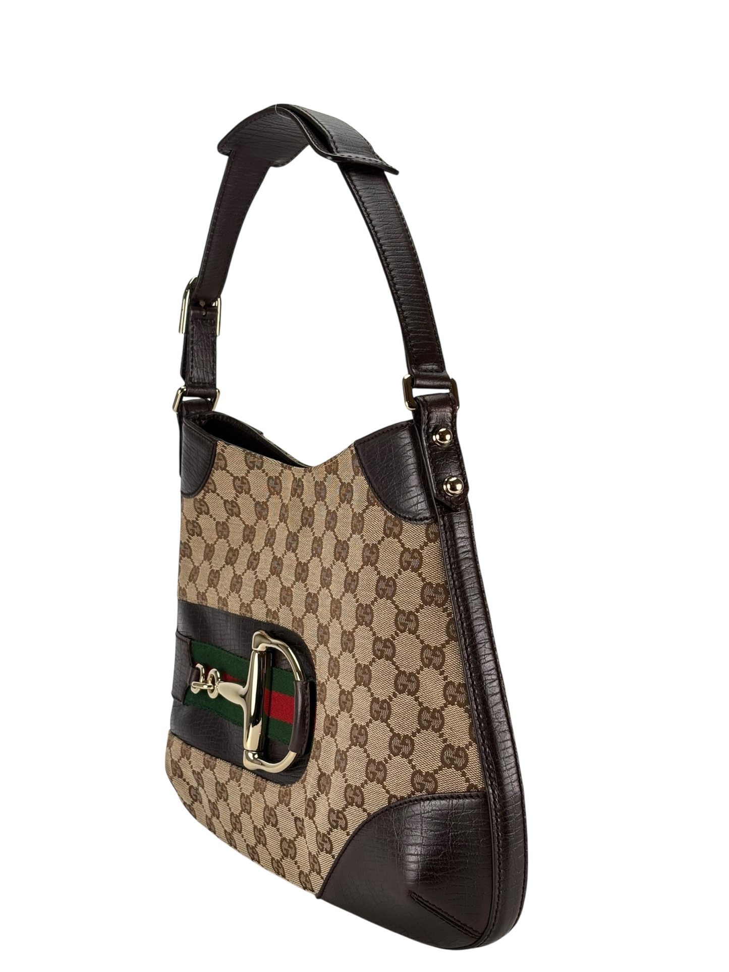 GUCCI - Brown Leather Canvas GG Pattern Horsebit One Shoulder Bag