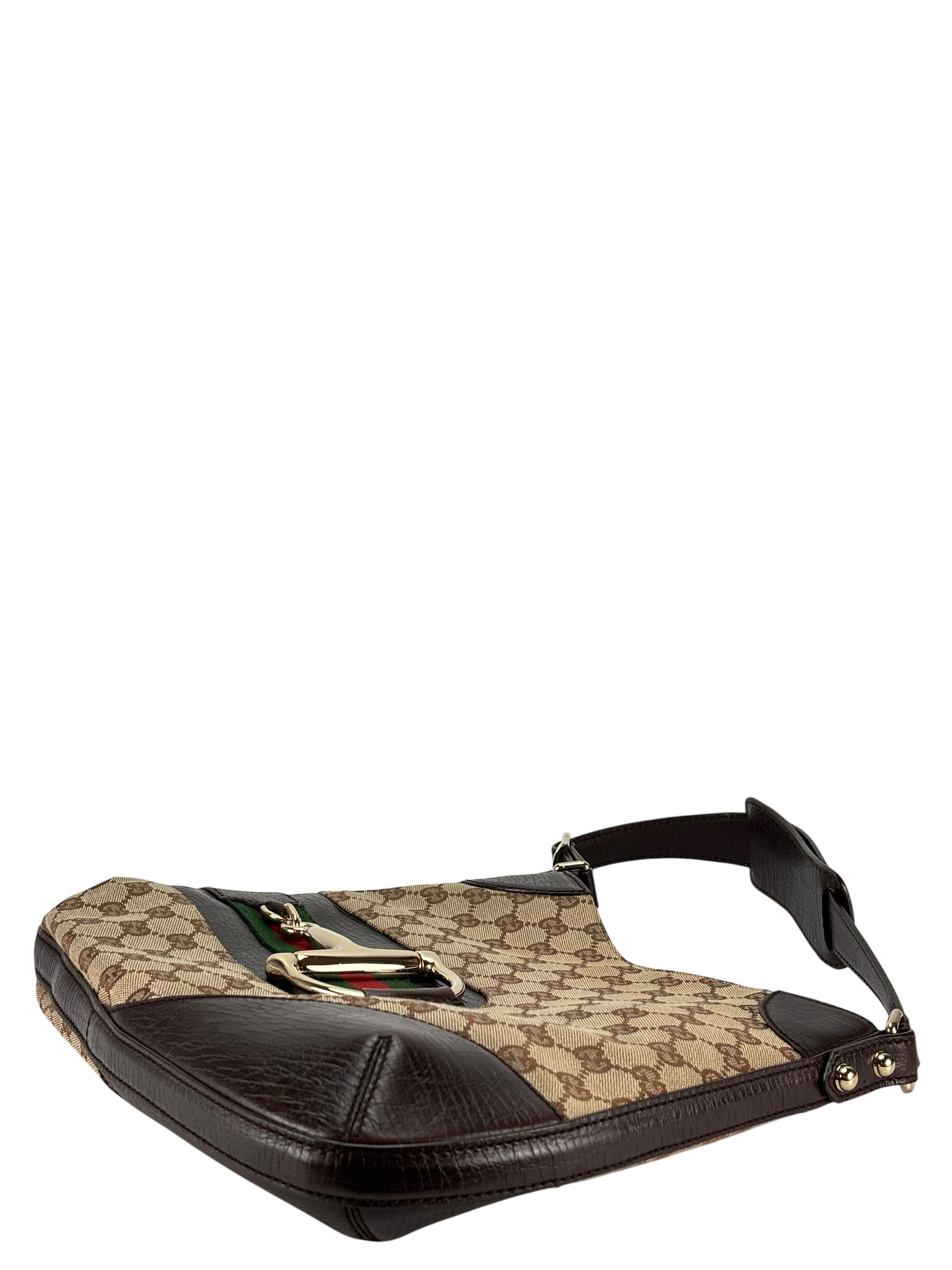 GUCCI - Brown Leather Canvas GG Pattern Horsebit One Shoulder Bag