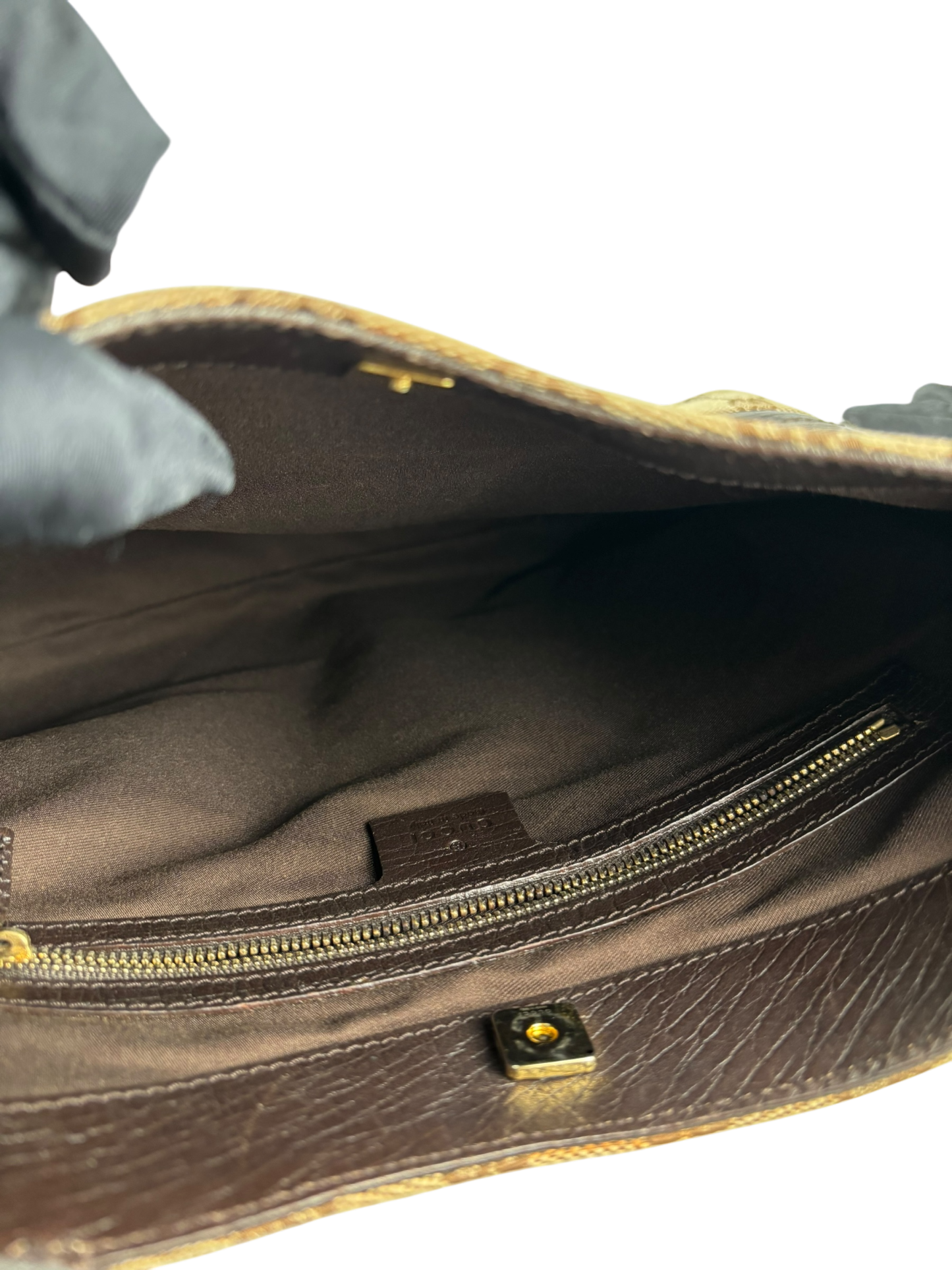 GUCCI - Brown Leather Canvas GG Pattern Horsebit One Shoulder Bag