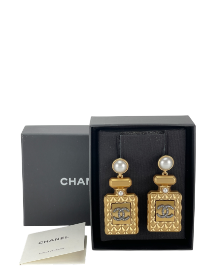 CHANEL - 20A Gold Crystal Pearl CC Perfume Bottle Drop Earrings