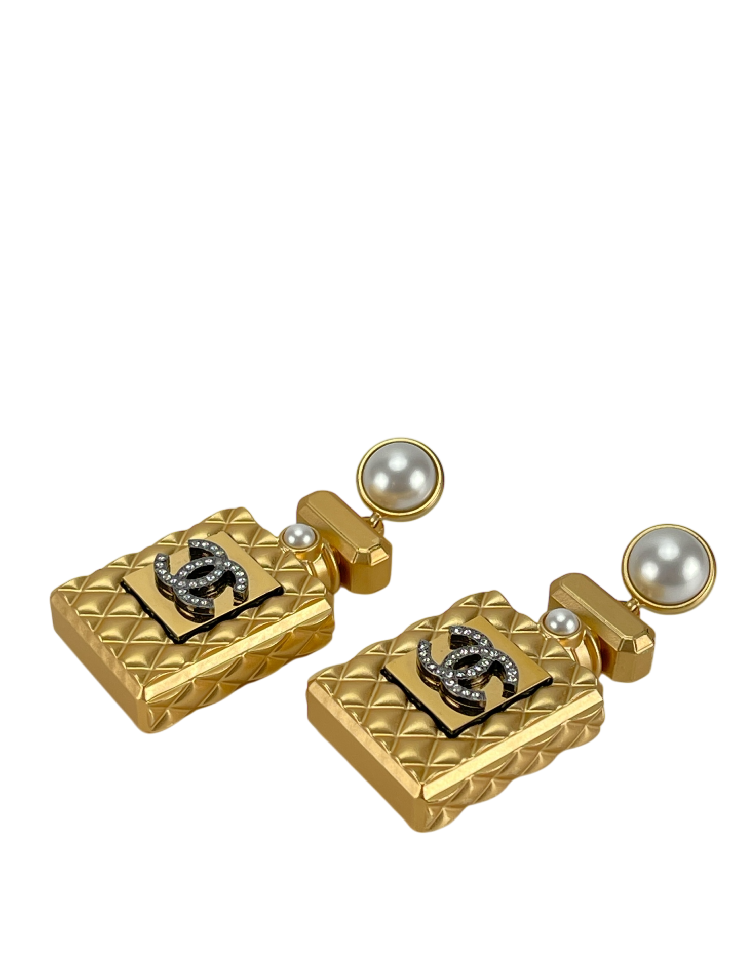 CHANEL - 20A Gold Crystal Pearl CC Perfume Bottle Drop Earrings