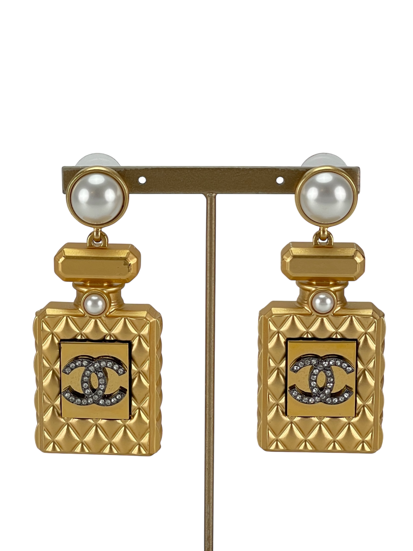 CHANEL - 20A Gold Crystal Pearl CC Perfume Bottle Drop Earrings