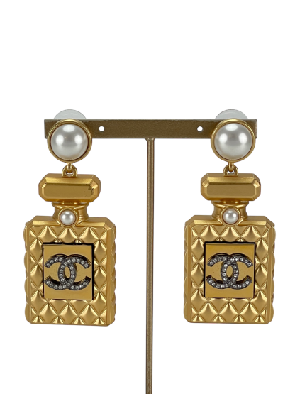 CHANEL - 20A Gold Crystal Pearl CC Perfume Bottle Drop Earrings
