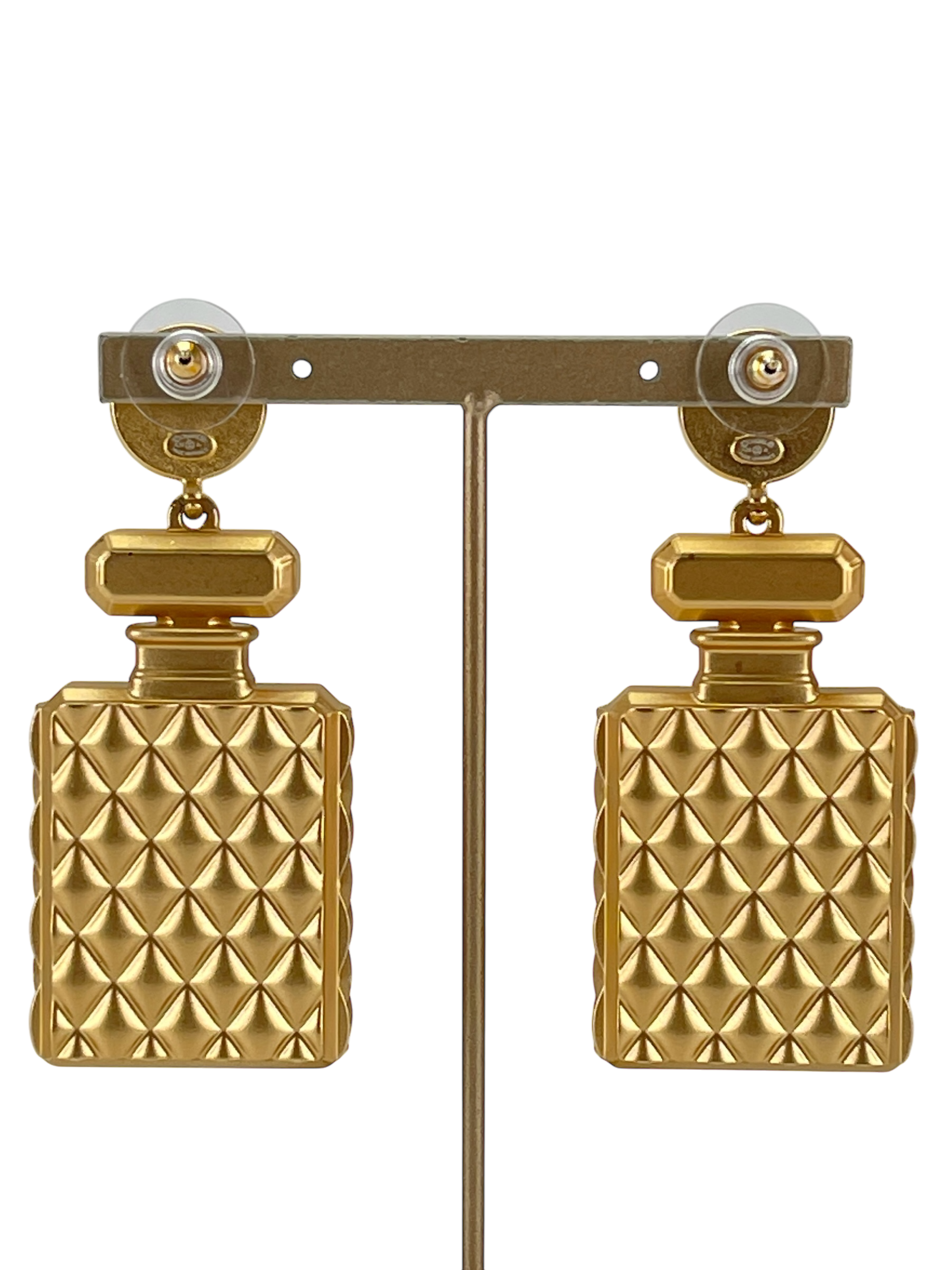 CHANEL - 20A Gold Crystal Pearl CC Perfume Bottle Drop Earrings