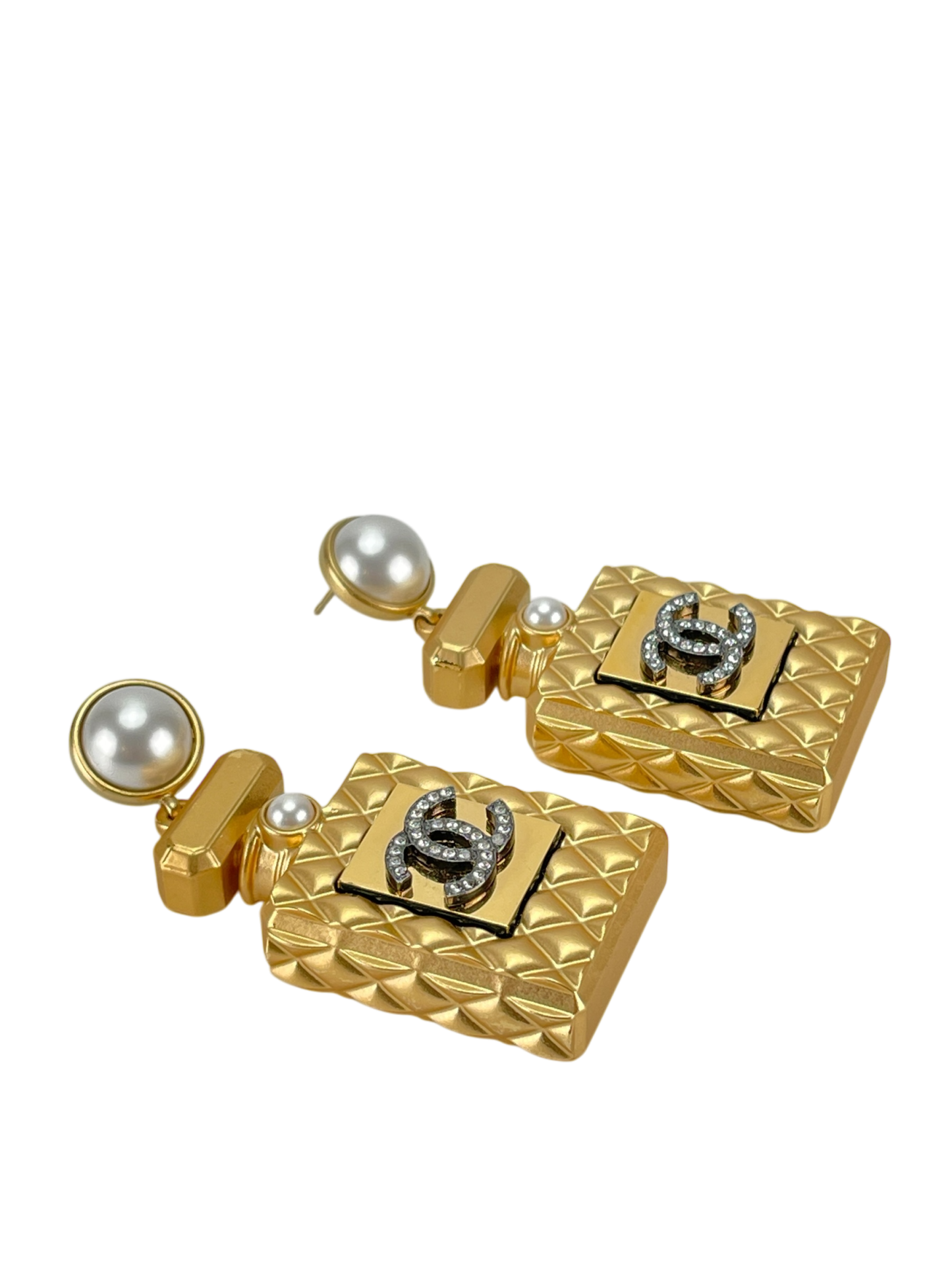 CHANEL - 20A Gold Crystal Pearl CC Perfume Bottle Drop Earrings