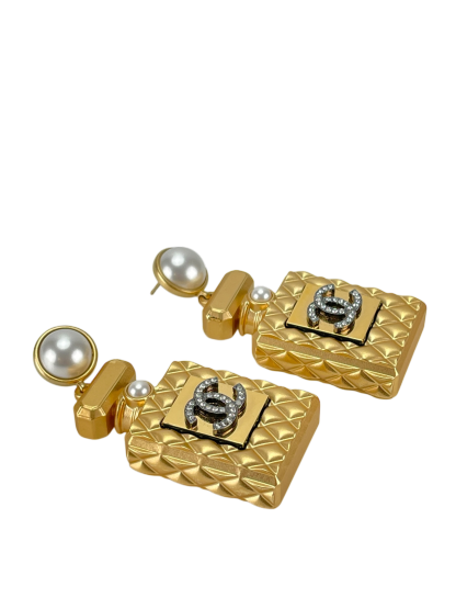CHANEL - 20A Gold Crystal Pearl CC Perfume Bottle Drop Earrings
